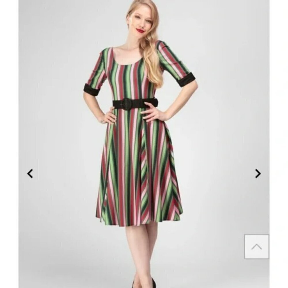 Collectif June Mountain Stripe Swing Dress Belted Small